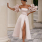 A-line Midi Wedding Dress with Puff Sleeves. Lace-up Back Corset Court Train Bridal Gowns Vestido De Novia Mermaid Princess