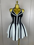 Sexy Backless Black White Stripes Halter Bandage A Line Short Dress Women Celebrity Elegant Evening Party Holiday Club Dress black