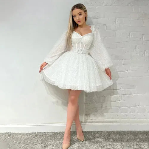 Shiny A Line Short Women Wedding Party Dresses Off Shoulder Boning Corset Long Puff Sleeves Bridal Party Gowns Prom Dress White