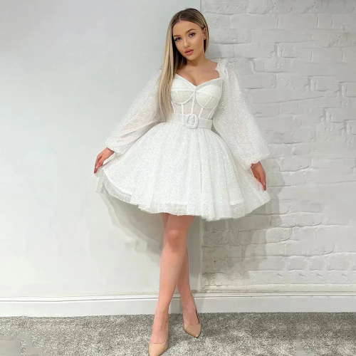 Glänzend eine Linie kurze Frauen Hochzeitsfeiern kleidet sich von Schulter Boning Korsett Lange Puffärmel Brautpartykleider Abschlussballkleid Kleid