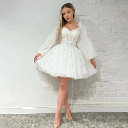 Shiny A Line Short Women Wedding Party Dresses Off Shoulder Boning Corset Long Puff Sleeves Bridal Party Gowns Prom Dress