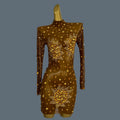 Women Sexy White Crystals Mini Dress Luxury Birthday Celebrate Evening Party Rhinestones Gown Singer Stretch Costume Guibin Gold