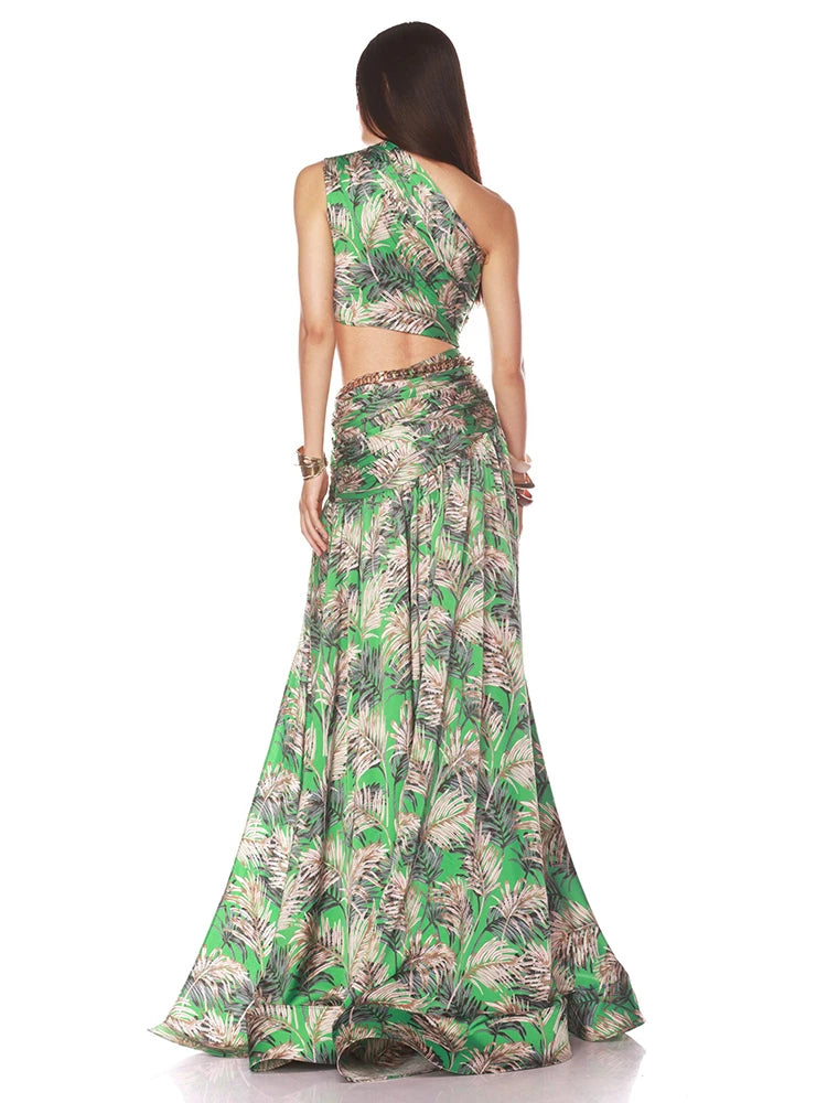 Stylish Green Print Ensemble One-Shoulder High Slit Two-Pieces Dress Set for Summer Galas