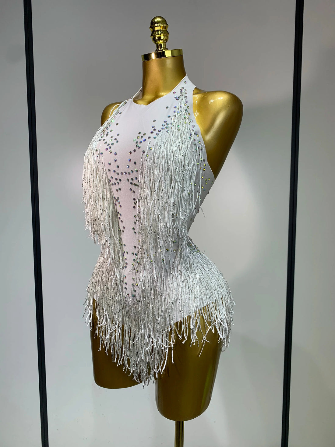 Sparkly Rhinestones Fringes Leotard Women Nightclub Evening Party Outfit Dance Costume Stage Outfit Sexy Performance Bodysuit WHITE