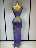 Sparkly Rhinestones Top Long Skirt Two Pieces Set Women Celebirty Luxury Birthday Dress Nightclub Stage Performance Costume