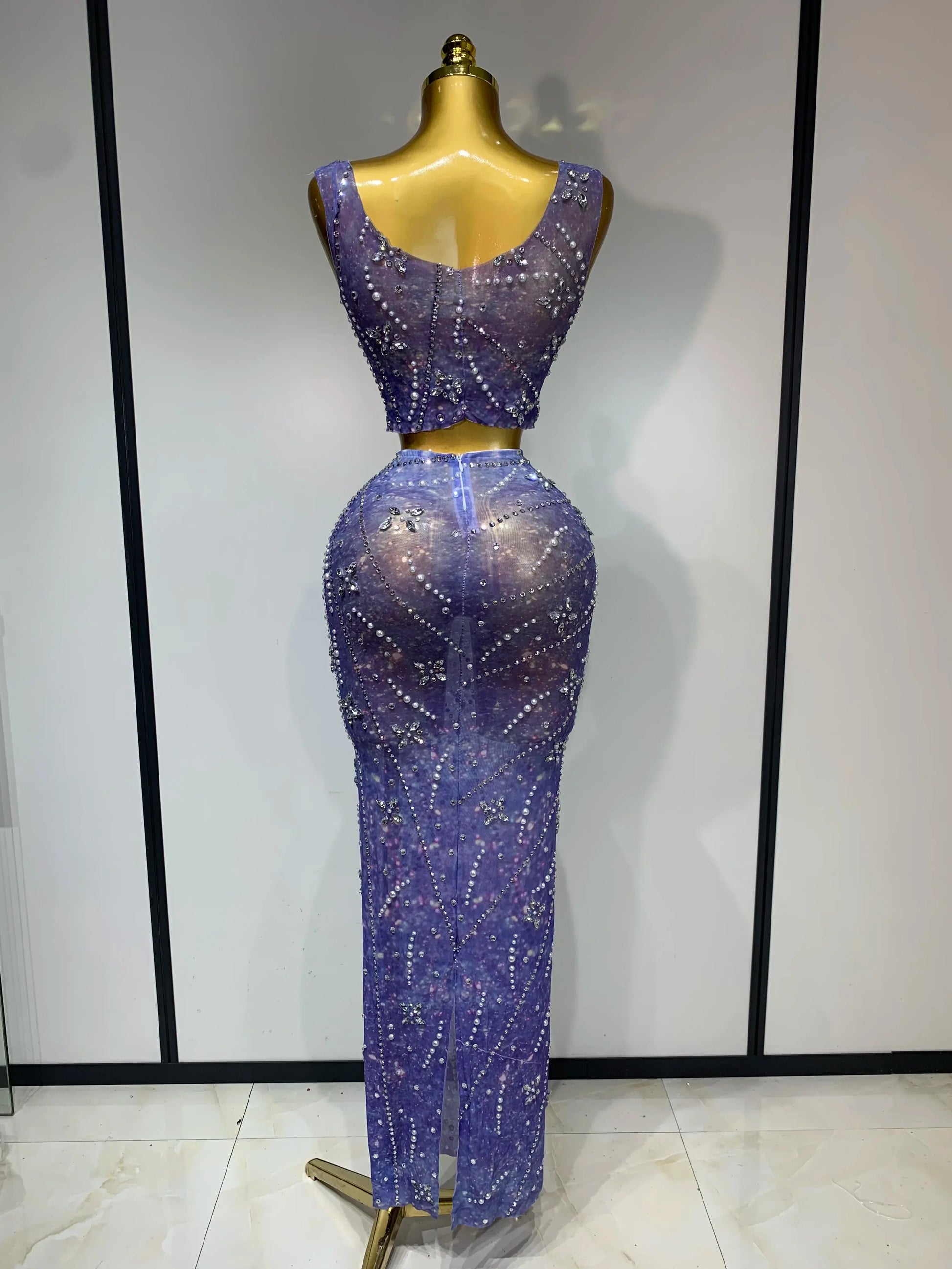 Sparkly Rhinestones Top Long Skirt Two Pieces Set Women Celebirty Luxury Birthday Dress Nightclub Stage Performance Costume