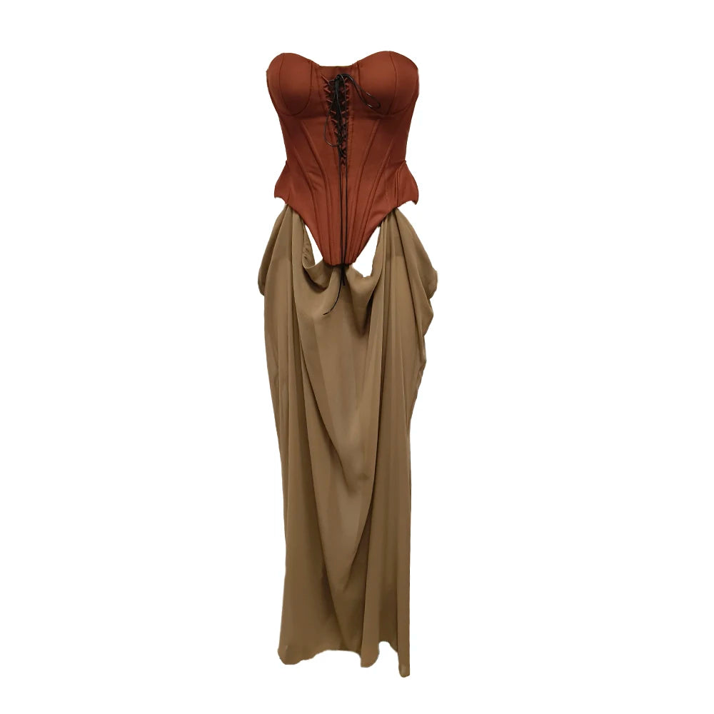 Vintage-Inspired Strapless Corset Top & Sheer Dress for Evening Dinners Party Gown AS PIC