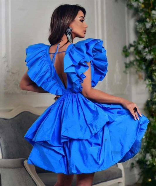 Vestidos de fiesta cortos de color azul real, vestidos de cóctel de satén con volantes escalonados a la moda para mujer, vestidos para ocasiones formales hechos a medida