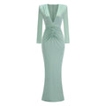 Deep V Plunge Long Dress For Women Folded Long Sleeves Pleated Bodycon Elegant Celebrity Evening Party Cocktail Gowns Vestido green