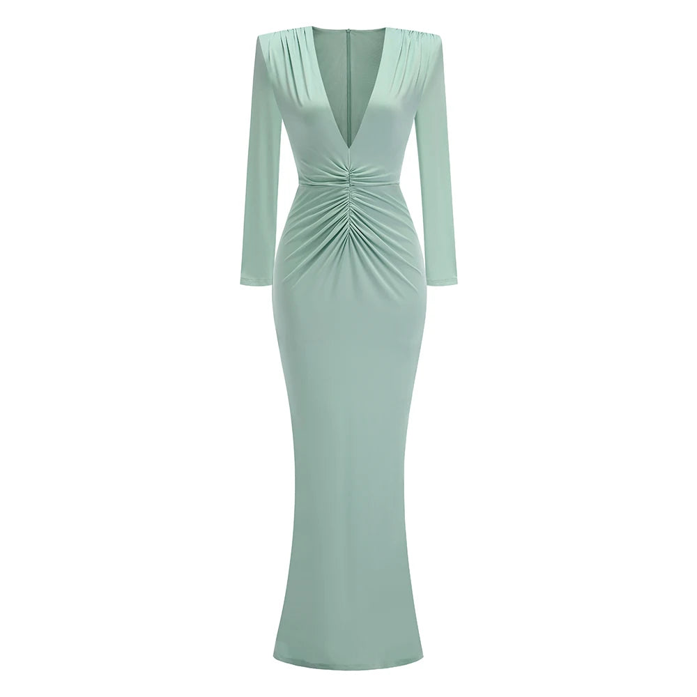 Deep V Plunge Long Dress For Women Folded Long Sleeves Pleated Bodycon Elegant Celebrity Evening Party Cocktail Gowns Vestido green