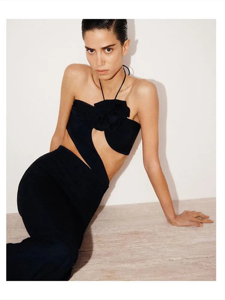 Summer 3D Flower Sexy Hollow Out Sleeveless Bodycon Black Long Dress Fashion's Sexy Woman Party Outfit Beach Party Vestido