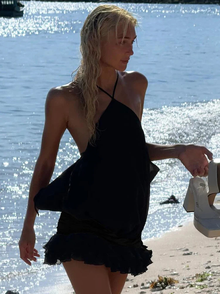 Edgy Black Halter Sleeveless Mini Dress Gown with Open Back for Trendy Parties