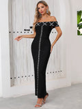 Top Quality Women Sexy Slash Neck Off the Shoulder Shinning Diamond Bodycon Long Bandage Dress Elegant Evening Party Dress