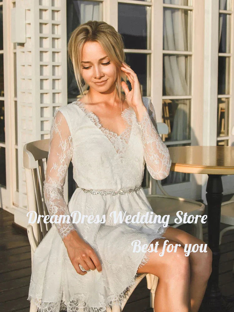 Boho New Lace Short Wedding Dresses With Long Sleeves A-line Low V Back Bridal Gowns Above Knee Length Robe de mariée