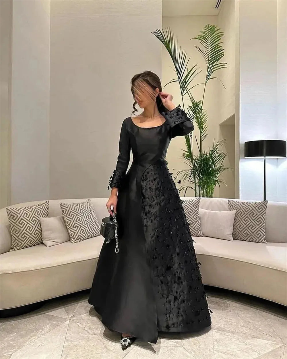 Black Long Sleeves فساتين سهره فاخره Satin Slim A-line Prom Dresses Nobility Elegantly Handmade Vestidos De Noche
