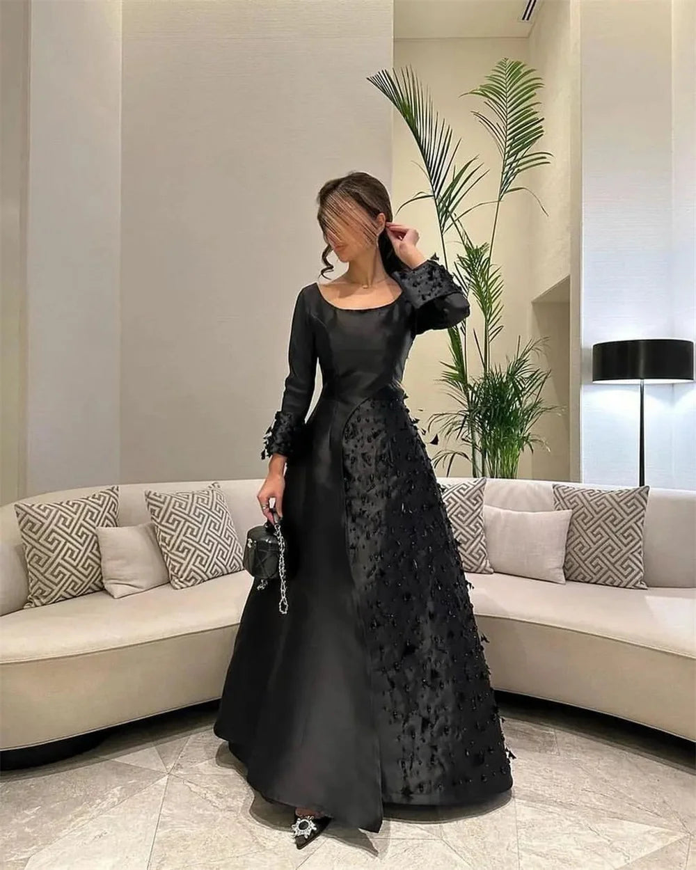 Black Long Sleeves فساتين سهره فاخره  Satin Slim A-line Prom Dresses Nobility Elegantly Handmade Vestidos De Noche