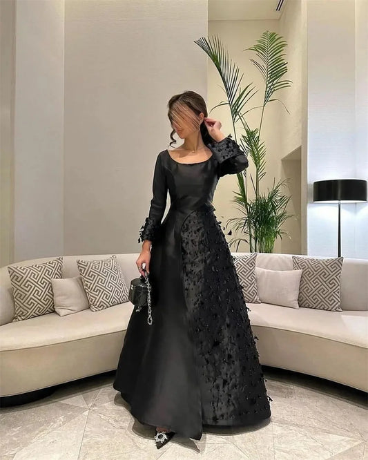 Black Long Sleeves فساتين سهره فاخره  Satin Slim A-line Prom Dresses Nobility Elegantly Handmade Vestidos De Noche