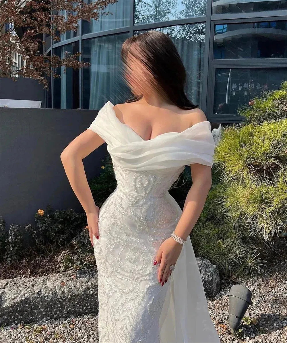 Luxury White Beaded Mermaid Wedding Dress Elegant Heart Shaped Neck Custom Dresses Detachable Train Tulle vestido feminino as pic