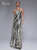 Starry Silver Sequin Strappy Backless Sleeveless with Ruffle Mesh Details Dressfor Party Glamour Gown