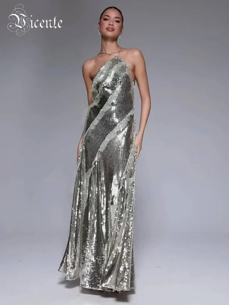 Starry Silver Sequin Strappy Backless Sleeveless with Ruffle Mesh Details Dressfor Party Glamour Gown