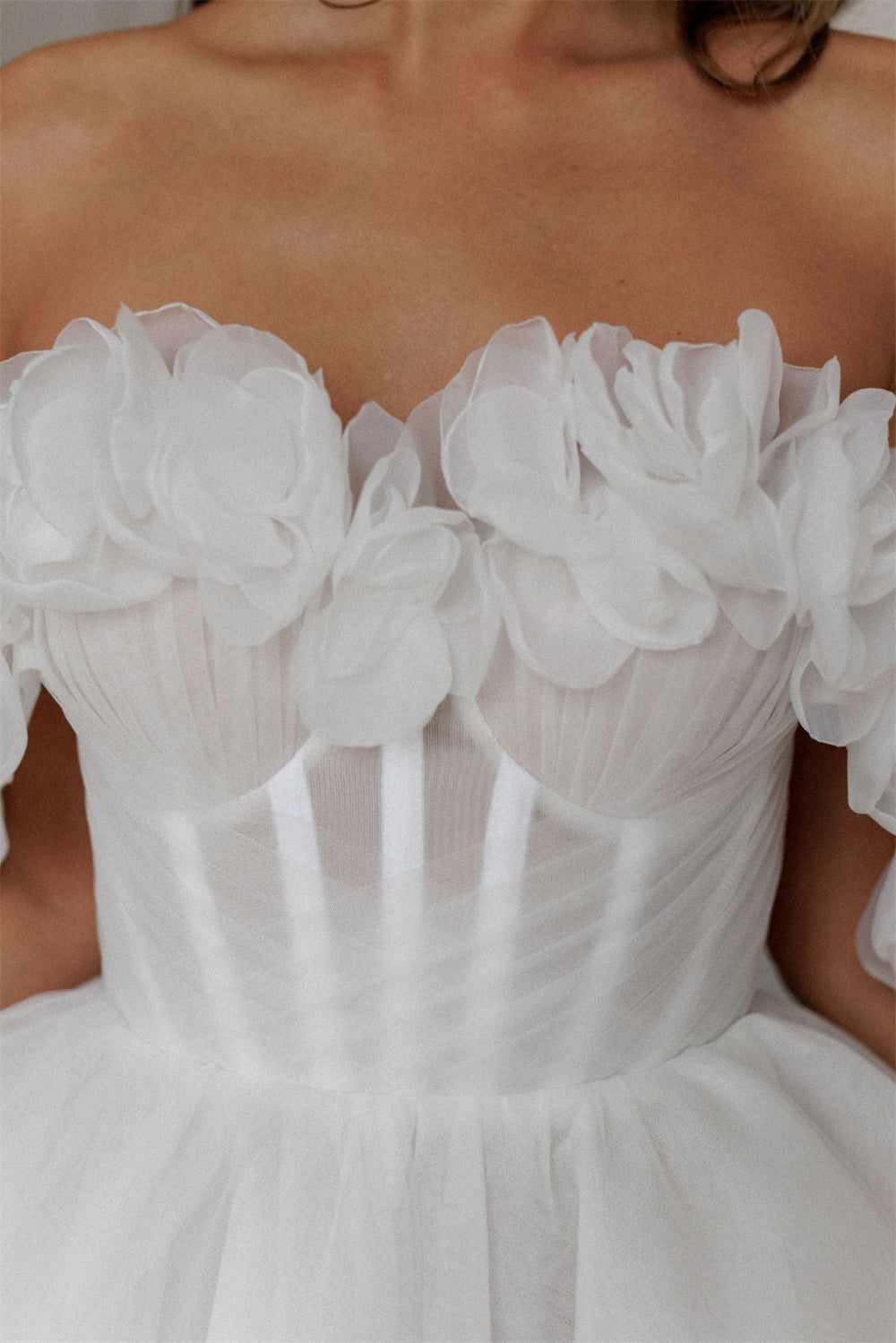 Gaun Perkahwinan Pendek A-Line Dari Bahu 3D Bunga Bunga Pakaian Parti Untuk Wanita Renda Up Bridals Gaun Koktel