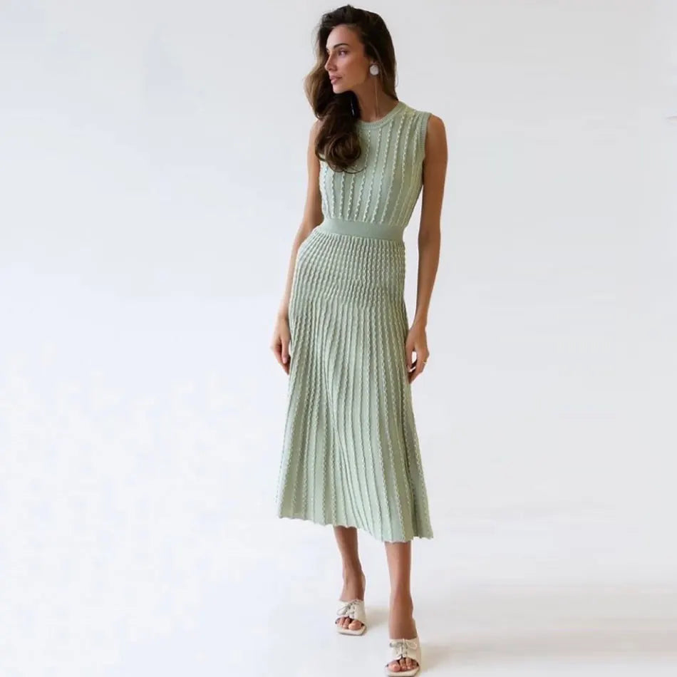 Listing Elegant Striped Knit Dress Women O-neck Sleeveless A-line Dresses Club Evening Party Midi Vestido