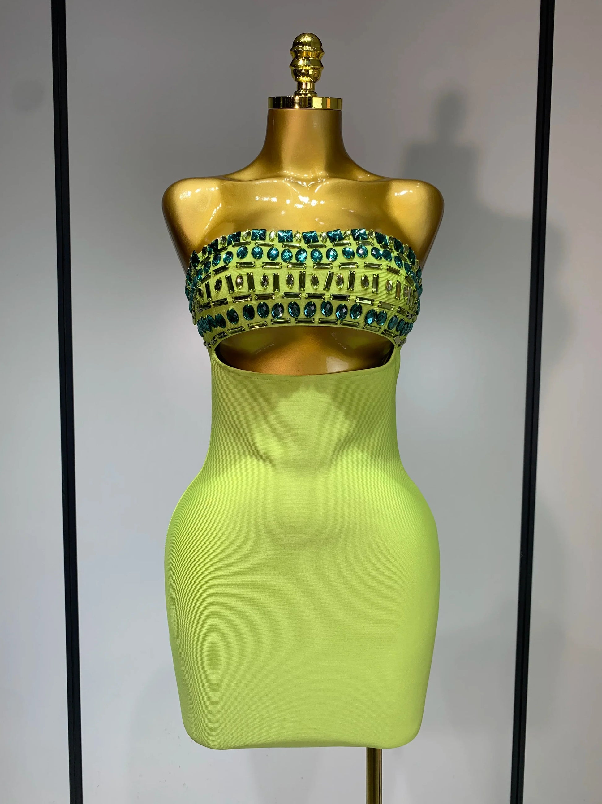 Women Celebrity Luxury Sexy Strapless Sparkly Diamond Cut Out Bodycon Bandage Dress Elegant Evening Club Party Birthday Outfit Light Green
