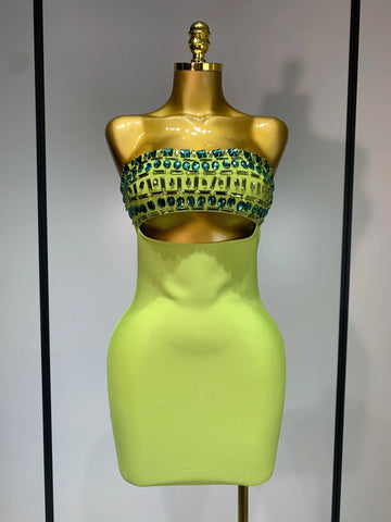 Women Celebrity Luxury Sexy Strapless Sparkly Diamond Cut Out Bodycon Bandage Dress Elegant Evening Club Party Birthday Outfit Light Green