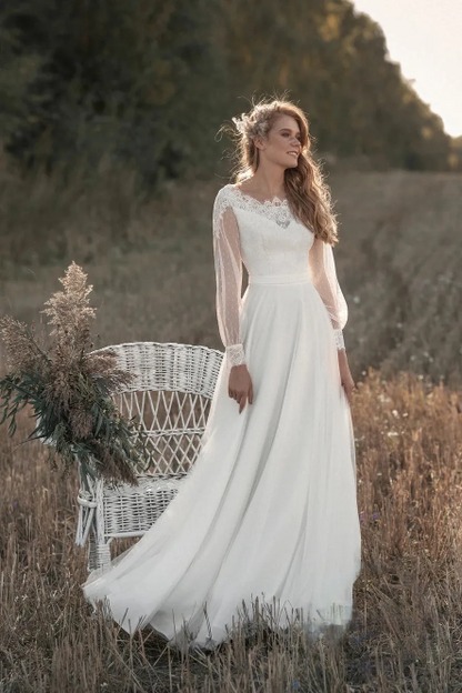 Vestido De novia Vintage De encaje con cuello redondo, manga larga, línea A, vestido De novia De tul con botones en la espalda, bata De tren personalizada