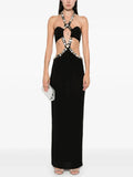 Sexy Halter Gold Chains Hollow Out Long Dress Black Sleeveless Backless Shiny Diamonds Bodycon Dresses Evening Party Gowns