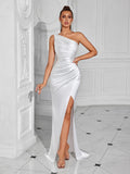 Formal Women's Evening Prom Elegant Party wedding guest Celebrity Female Satin Maxi Club Wear Cocktail Dresses WHITE