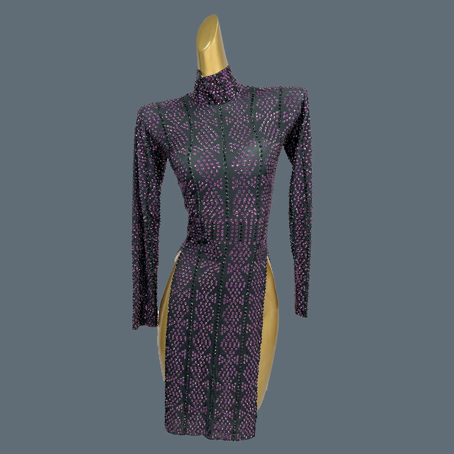 Sparkly Rhinestone High Slit Short Dress for Sexy Women Club Birthday Party Queen Asymmetrical Mini Dress Chic Dress Heizuan PURPLE