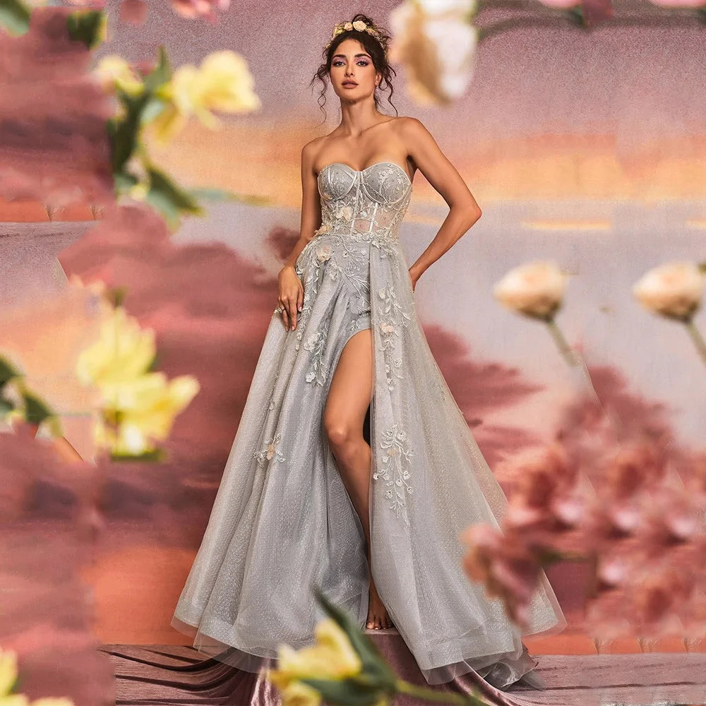 Grey Strapless Prom Dress Sweet 3D Flower فساتين مناسبة رسمية Princess Side Split A-line Tulle Vestidos De Noche