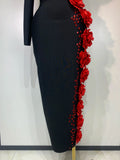 Women Luxury Black Single Sleeve Bandage Dress Red Appliquies Elegant Luxury Rhinestones Birthday Celebrity Evening Party Gowns
