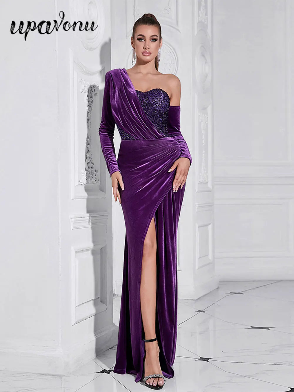 Sexy Women Light Luxury Sparkle Velvet Dress with Diagonal Collar Long Sleeve Draped Bodycon Split Body Long Dress Vestidos
