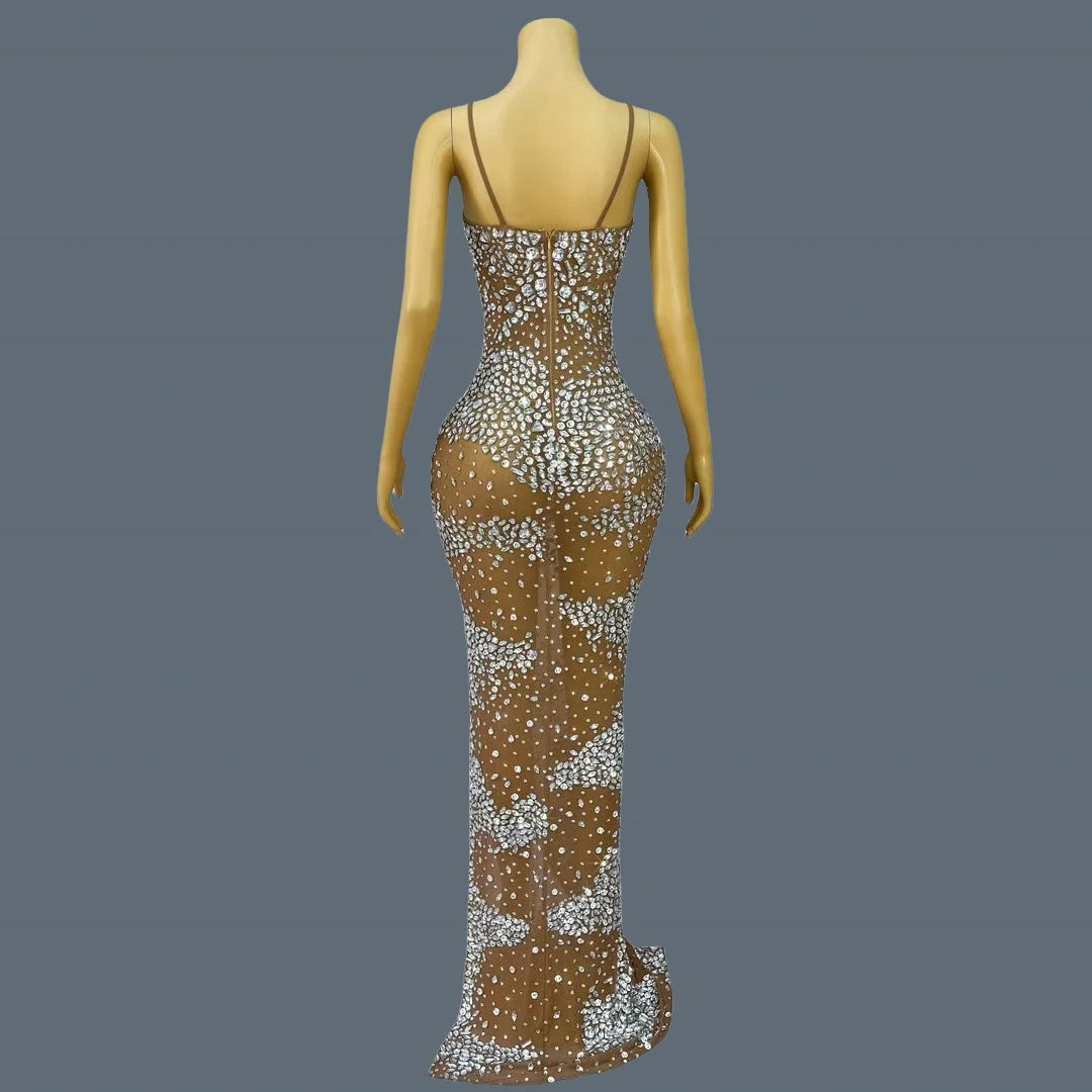 New Women's Sexy Maxi Dress Bodycon Mesh Ball Dress Birthday Party Queen Gown Sparkly Rhinestone Bar Evening Dress Xingmangzhiwu AS PHOTO