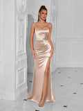 Sexy Women Cocktail Evening Dress Spaghetti Strap Wedding Guest Maxi Night Gown Lady Sexy Party Club Gala Dresses APRICOT