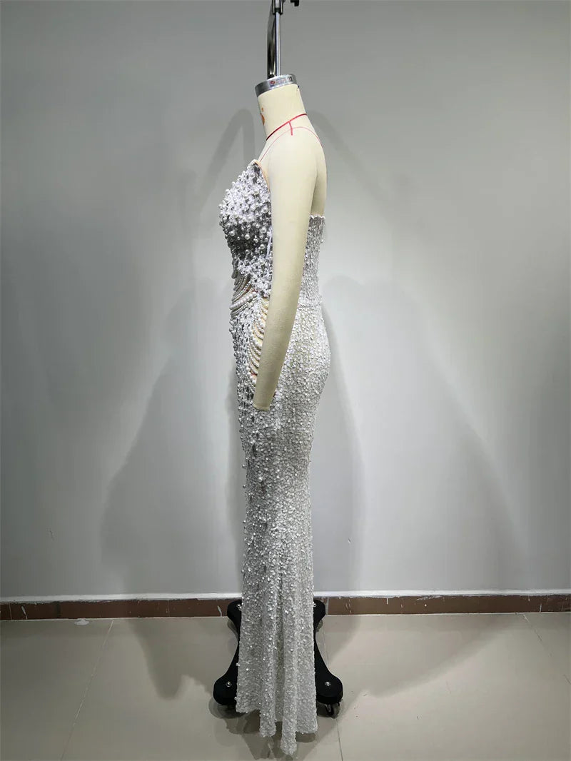 Luxury Pearl String Sexy See Through White Sequins Long Dress Elegant Woman Wedding Party Dress Red Carpet Goddess Vestido