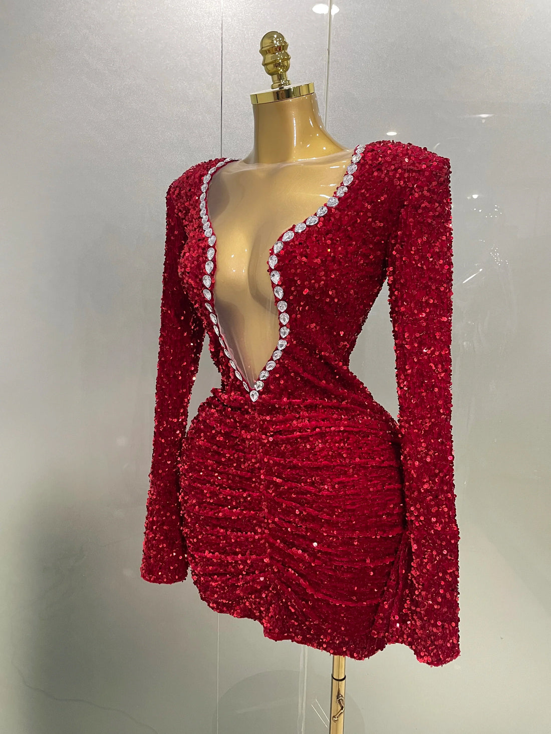 Sexy Shiny Red Sequins Rhinestones Sheath Mini Dress Women Evening Birthday Party Nightclub Stage Performance Costume Red