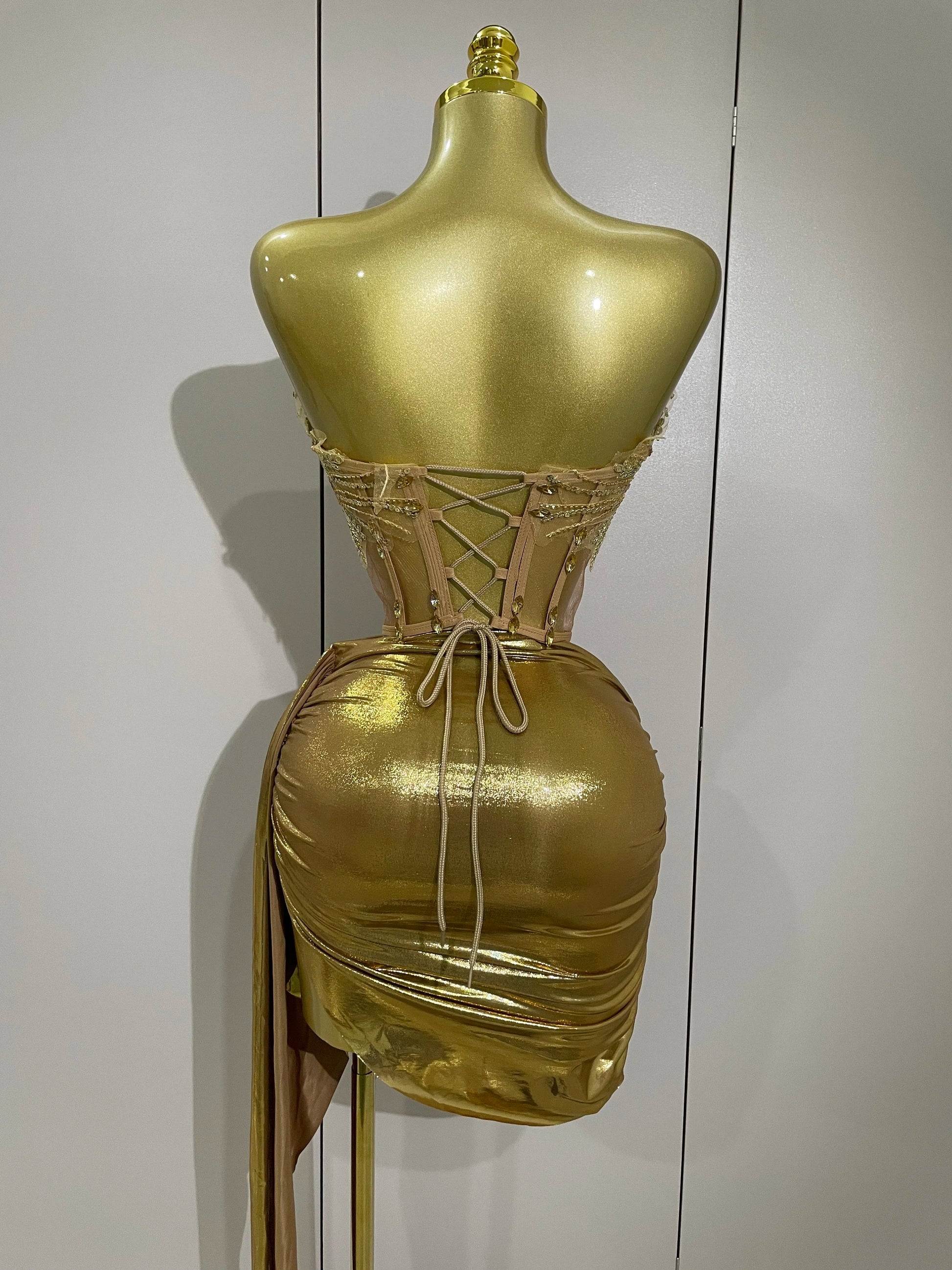 Sparkly Gold Sexy Top Two Pieces Short Skirt Set Women Celebrate Birthday Dress Party NightClub Dancer Show Stage Outfit