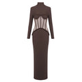 Sophisticated Brown High-Neck Long Sleeves Dress with Sheer Mesh Corset Accent for Party Evening Gown Brown