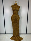 Sparkly Rhinestone Sleeveless Maxi Long Dress Sexy Mesh See Through Luxury Birthday Dress Evening Party Singer Stage Outfit Gold
