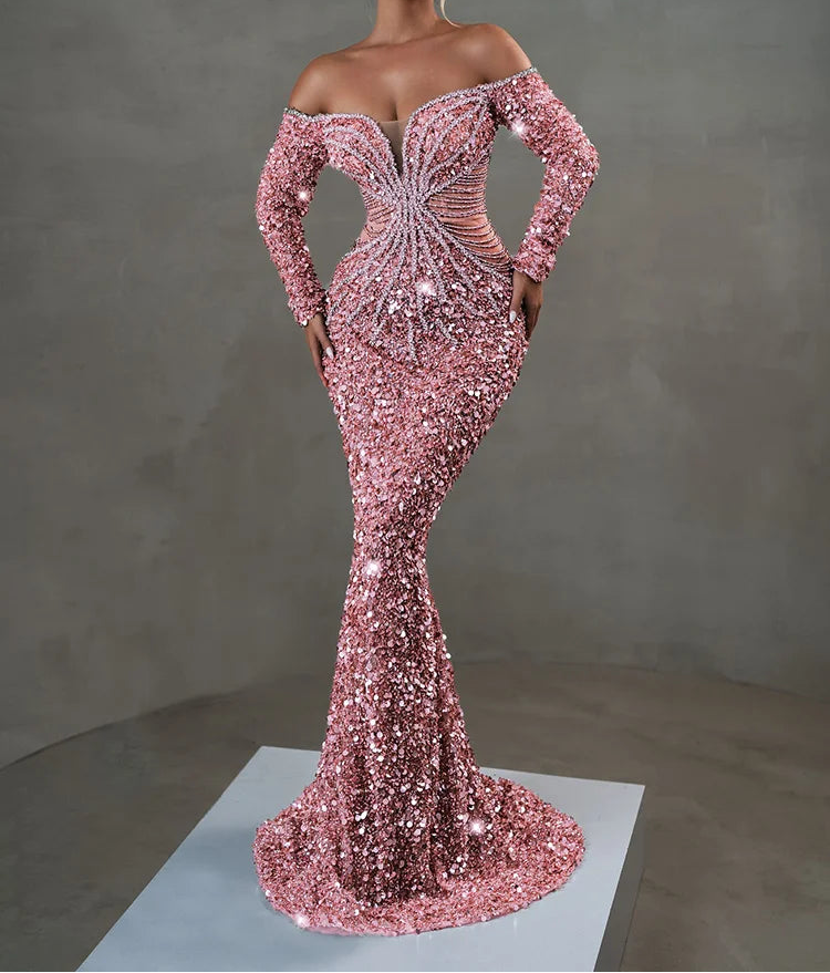 Pink Sparkly Sequins Long Dress Pearls Chains Design Off the Shoulder Long Sleeves Formal Occasion Mermaid Party Evening Gown