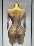 Luxury Birthday Rhinestones Half Sleeve Transparent Mini Dress Women Sexy Mesh Stretch Performance Celebrity Stage Wear
