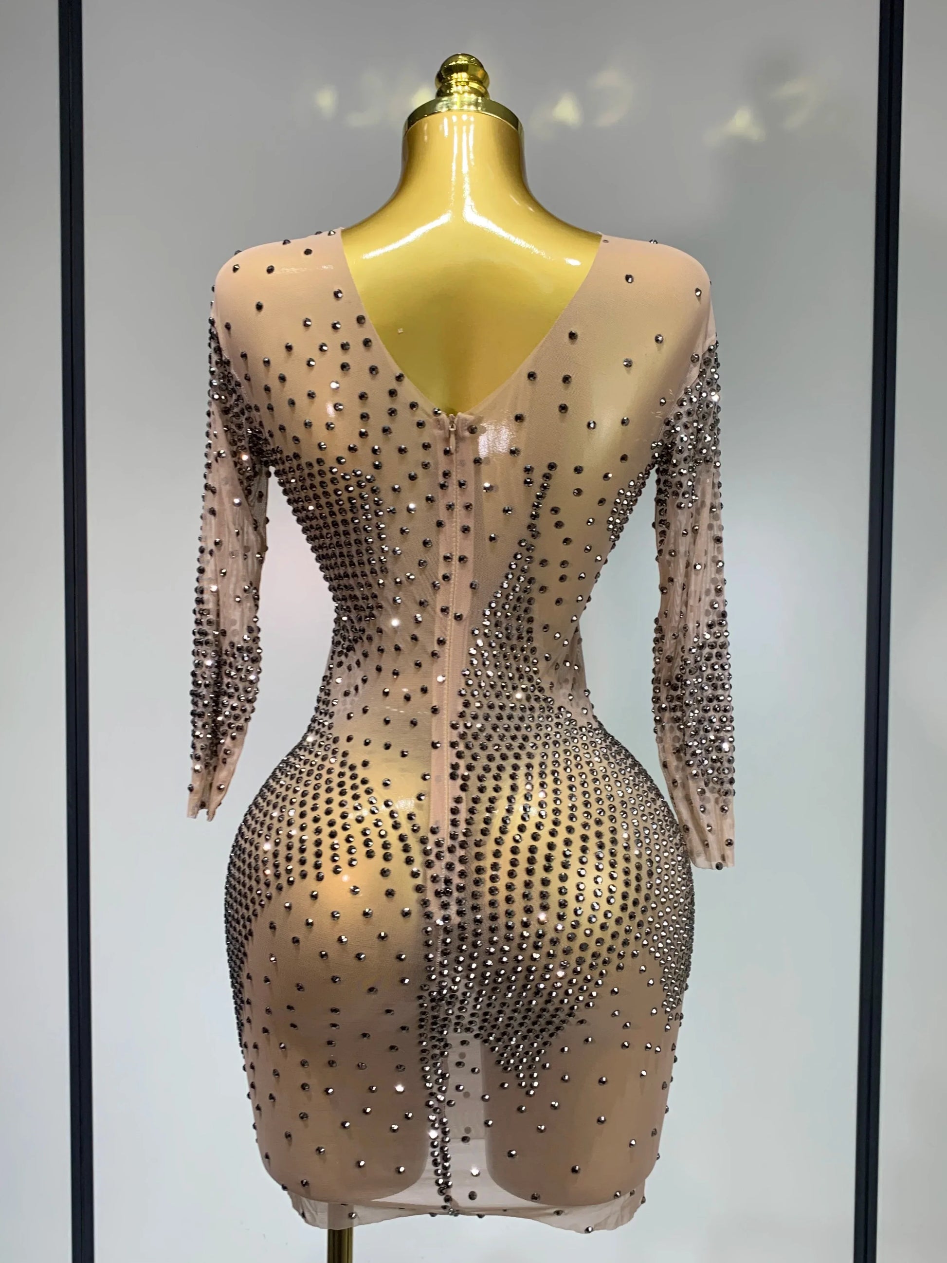 Luxury Birthday Rhinestones Half Sleeve Transparent Mini Dress Women Sexy Mesh Stretch Performance Celebrity Stage Wear