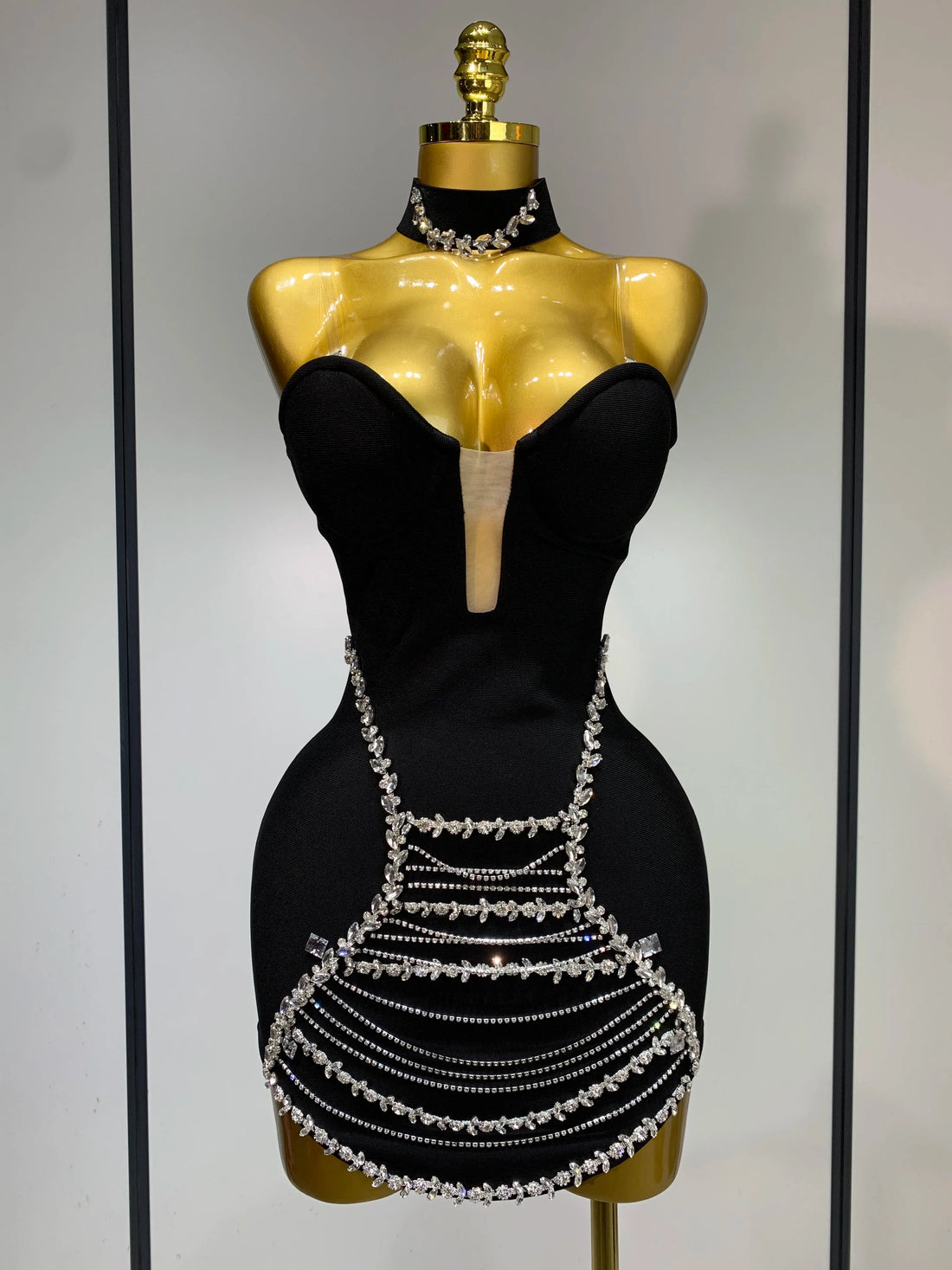 Sparkly Rhinestones Chain Bodycon Strapless Mini Bandage Dress Women Backless Luxury Birthday Evening Party Club Dresses black