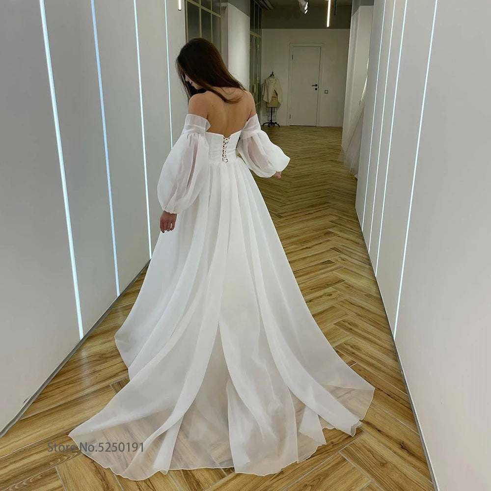 Strapless Ruched Neck Organza Wedding Dresses With Removeable Sleeves A-line Bridal Dress Floor Length Bridal Gown 20