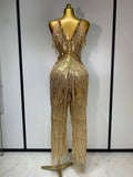 Women Sparkly Glod Rhinestones Sequined Fringe jumpsuit Sexy Nightclub Party Birthday Outfit Show Singer Stage Perform Costume