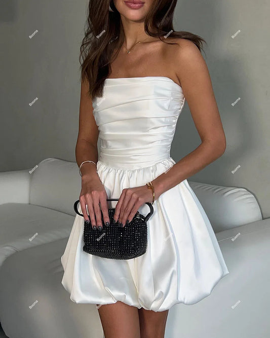 A-Line Mini Wedding Party Dresses strapless lengan tanpa lengan lipatan pengantin gaun puff rok puff vestidos de novia 2024 boda