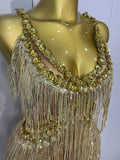 Shiny Gold Rhinestones Sequined Fringe Wide-leg jumpsuit Women Sexy Night Party Club Outfit Singer Stage Perform Costume